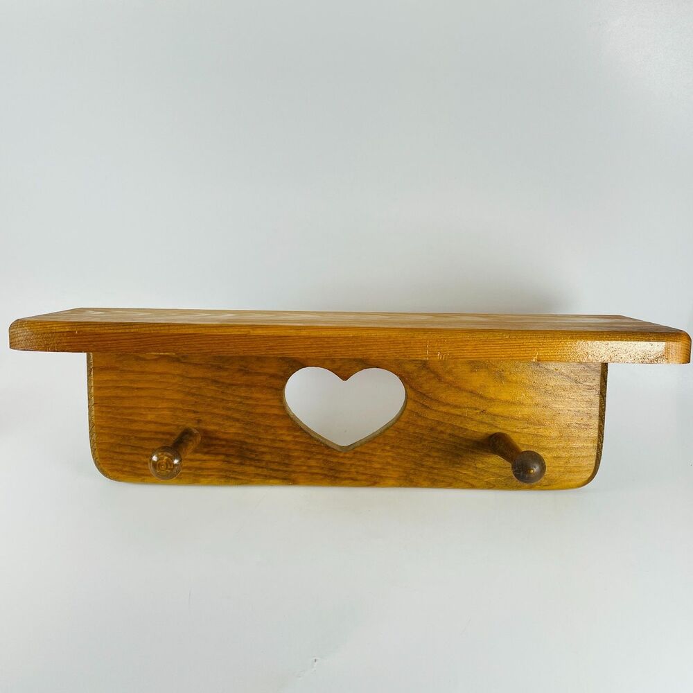 Vtg Wood Wall Shelf Heart Cutout Pegs Country Farmhouse Cottagecore Rustic 16x5"